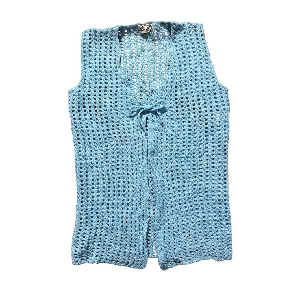 Vtg Lerner Shops Blue Crotched Sweater Vest Sz S Hippie Boho Festival